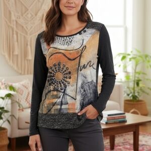 Dolcezza Abstract Print Top Black Gold Long Sleeve Stretch Women’s Size M